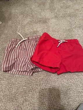 Carters Little Planet Drawstring Swim Shorts - Red & Mauve Stripe